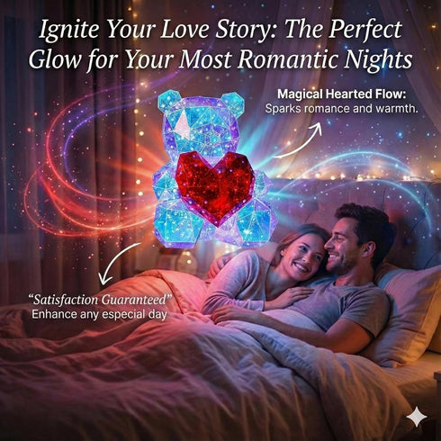 Aladdinas LED Valentines Romantic Gift Teddy Bear Night Light, Holographic Iridescent Design, Nursery Decor Display Box
