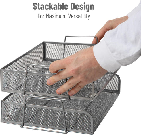 Mind Reader 2 Pcs. Stackable Paper Tray, Metal Mesh Desktop Organizer for File Storage, 14" L x 9.75" W x 6" H, Silver