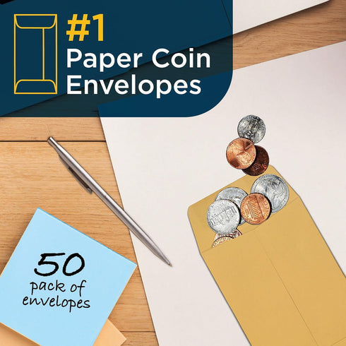 Guardian #1 Paper Coin Envelopes with Gummed Flaps, Pack of 50 Blank Small Envelopes for Gift Cards, Coins