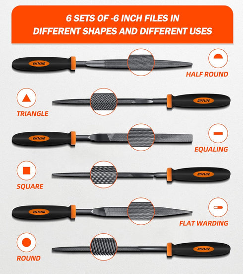 Needle File Set (Carbon Steel 6 Piece-Set) File Handles, Hardened Alloy Strength Steel - Set Includes Flat, Flat Warding, Square, Triangular, Round, and Half-Round File(6-Piece) by DIFFLIFE