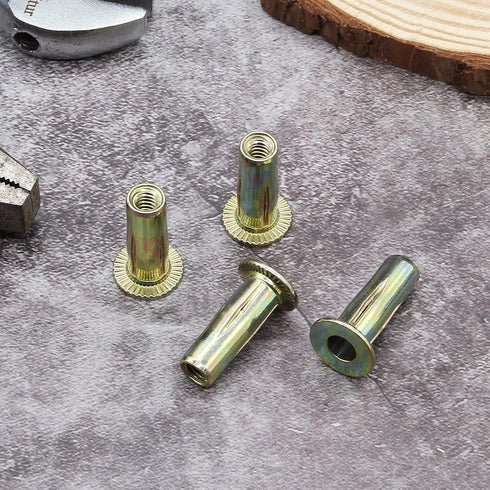 25Pcs Steel Multi Grip Rivet Nuts - Pre Bulbed Shank Zinc-Plated Flat Head Threaded Insert Nut Construction Fasteners