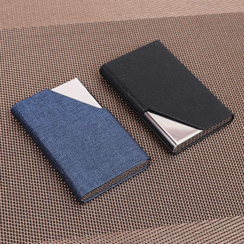 homEdge Business Card Holder, Slim Professional 2 Packs PU Leather + Stainless Steel Case - Black and Blue