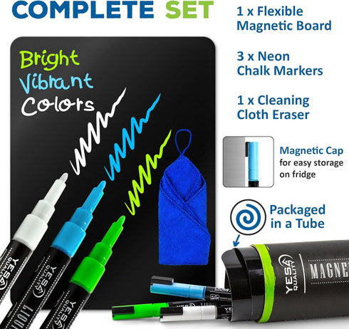 Magnetic Black Dry Erase Board for Fridge, 17 x 11 inch, Stain-Resistant with Neon Chalk Markers & Eraser