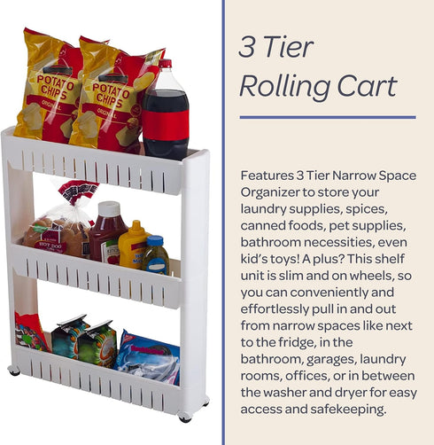 3 Lavish Home Tier Shelf Rolling Cart - Narrow-Space Kitchen or Bathroom Shelf Organizer Cart - Slim Slide-Out Storage