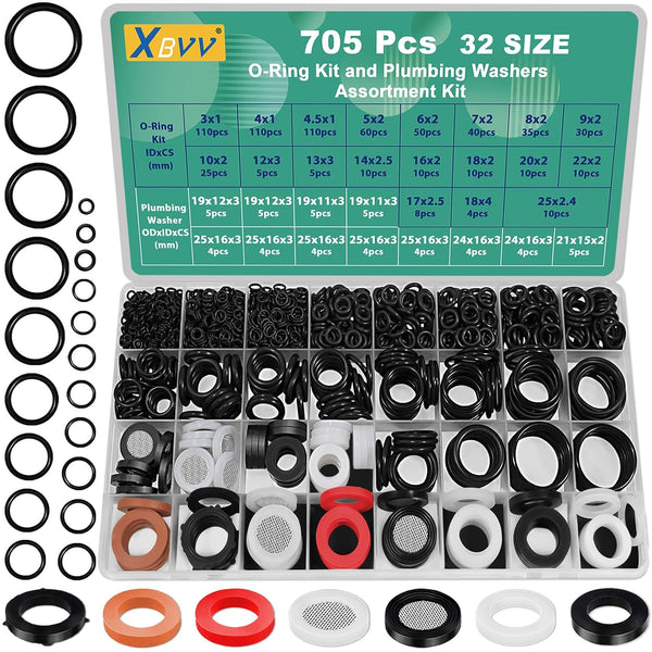 32 Size 705 Pcs Plumbing Washers and O-Ring Kit, 2-in-1 Rubber Gasket Assortment for Faucet, Spigot, Pressure Washer