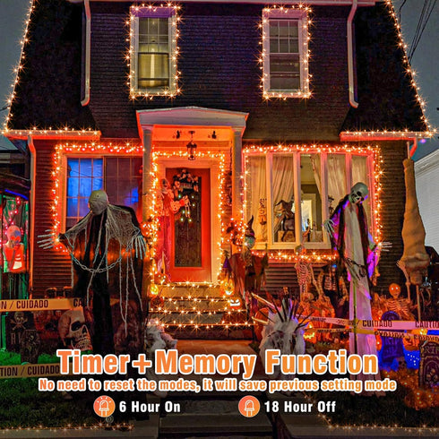 200 LED Halloween Lights, 66ft Orange String Lights, 8 Modes, Plug-in Waterproof for Christmas Halloween Decorations