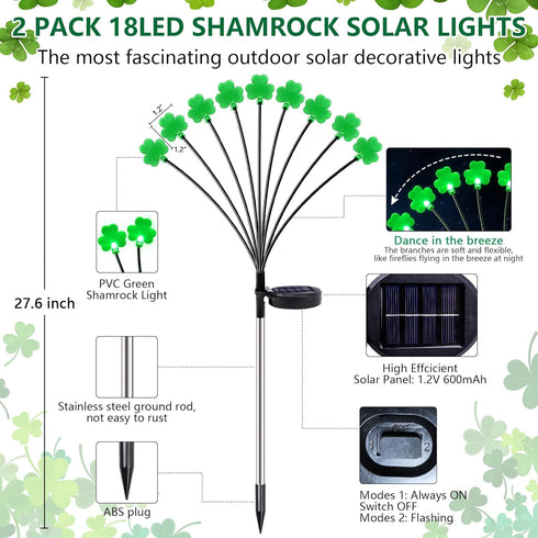 2 Pack St Patricks Day Decorations, 18 LED Lucky Green Shamrock Solar Lights with 2 Modes for Yard Garden Lawn Pathway