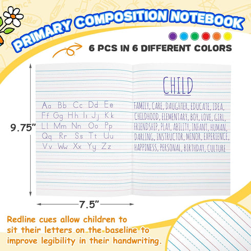 Henoyso 6 Pcs Primary Composition Notebook, 60 Pages, 9.75" x 7.50" for Kids Handwriting Practice