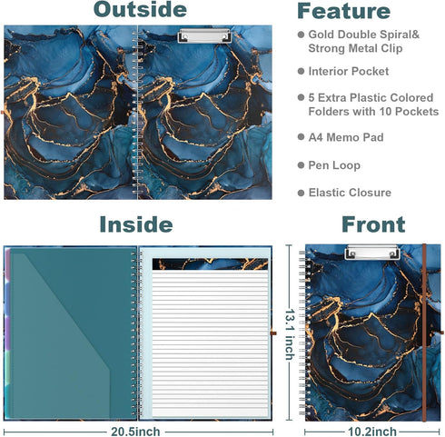 Hongri Clipboard Folio with Refillable Lined Notepad, Clipboards with 5 A4 Folders, Spiral Clip Board Portfolio, Blue
