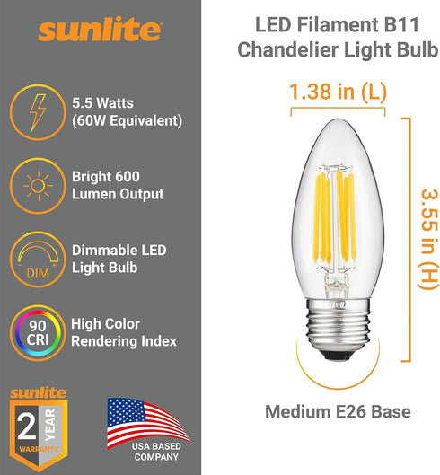 B11 Bulb, 5.5 (60W 600 E26 Dimmable, 90 2700K 6 Pack Sunlite LED Filament Torpedo Chandelier Light Watts Equivalent)