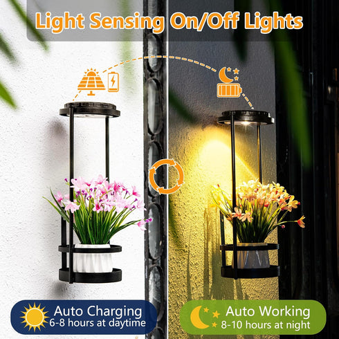 3 1pc) Solar Wall Light with Plant Stands, Wireless Outdoor Fence Light with color, Metal Hanging Plant Holder