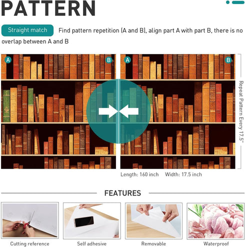 17.5"x160" Mid Century Wallpaper Peel and Stick School Library Antique Bookshelf Bookcase Wallpaper Retro Victorian