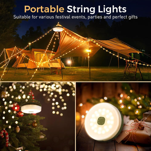 32.8FT 8 Camping String Lights, Quick Storage Rechargeable Tent Lights String with Modes, Hanging Waterproof Portable