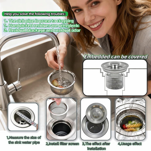 2-Pack, (3.14"-3.34" Stainless Steel Kitchen Sink Strainer - Deep Cup Basket Design, Upgraded Double-Layer Safety