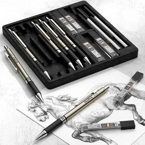 Nicpro 0.5 mm Art Mechanical Pencils Set, 6 PCS Metal Drafting Pencil with 6 Tube HB Lead Refills & 18 Eraser Refills
