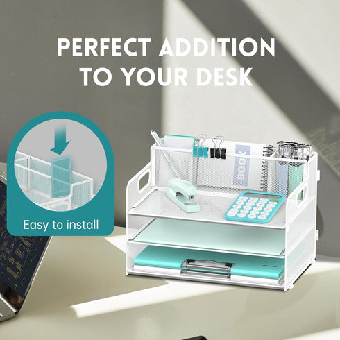 SUPEASY 3 Tier Desk Organizer - White Mesh Paper/File Organizer with Handle & 3 Pen Holders for Office Supplies