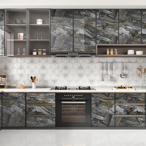 Black/Gold Marble Contact Paper for Countertops Slate Gold Marble Wallpaper Peel and Stick Glossy Waterproof Marble Wall Paper for Cabinets Shelf Self Adhesive Renter Friendly 15.7"X78.8" by Skyblur