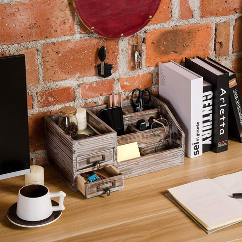 Liry Products Rustic Torched Wooden Desktop Organizer, Dark Brown Tabletop Storage Cabinet with 2 Tier Drawers
