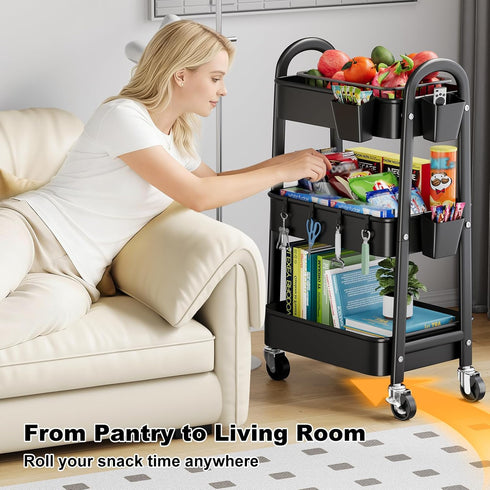 Rcemlip 3 Tier Black Rolling Cart Metal with Wheels, Basket, Cups & Hooks, Three Tier Utility Carts on Wheels, Can
