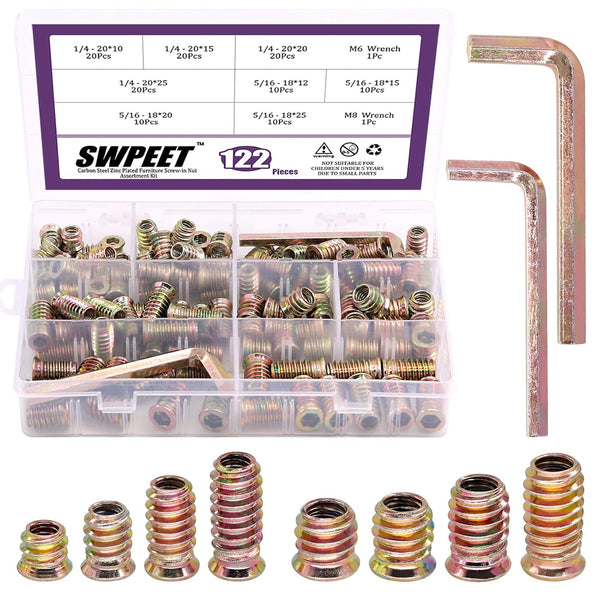 Swpeet 122Pcs Carbon Steel Color Zinc Plated Furniture Screw in Nut Threaded Wood Inserts Bolt Fastener Connector