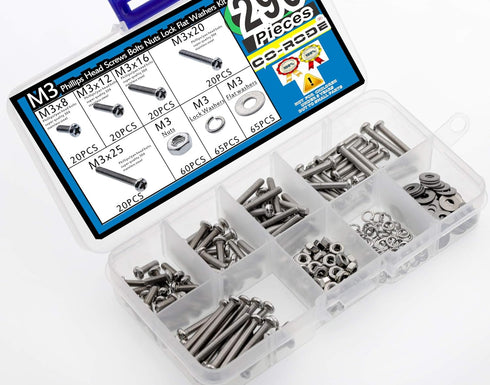 290pcs M3 Screws Assortment with Bolts, Nuts, Flat and Lock Washers, 304 Stainless Steel