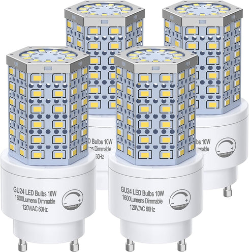 GU24 LED Light Bulb, Dimmable 10W, 5000K Daylight, 1600 Lumens (100W Equivalent), Replace CFL Twist-in 2 Prong, 4-Pack