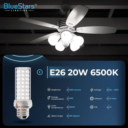 BlueStars SUPER BRIGHT 4 Packs 20W E26 E27 LED Corn Light Bulbs, 150W Equivalent 6500K Cool Daylight White 1600 lumens Non-dimmable for Home Garage Warehouse Commercial & Large Area Lighting by BlueStars