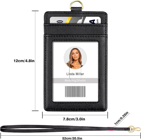 Azrra Lanyards for ID Badges, Vertical PU Leather Badge Holder with 1 ID Holder and 4 Credit Card Slots, Black