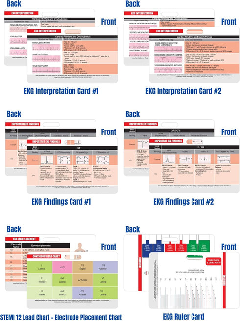 EKG Horizontal Badge 6 Card Set - ECG Telemetry Cards with EKG Ruler, Common Cardiac Findings, STEMI Leads