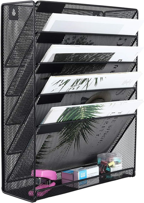 EasyPAG 5 Slot Wall Hanging File Organizer - Vertical Office Desk / Wall Mounted Paper Holder with Bottom Tray, Black