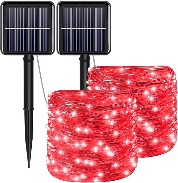YAOZHOU Red Solar Christmas String Lights, Outdoor Waterproof, 100 LED (2 Pack), 8 Modes Fairy Lights