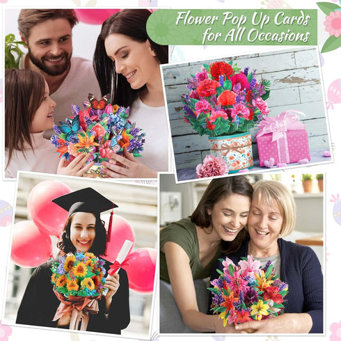 6 Pack 3D Paper Flower Pop Up Cards, Flower Bouquet Card Popup Greeting Cards for Mother's Day, Graduation