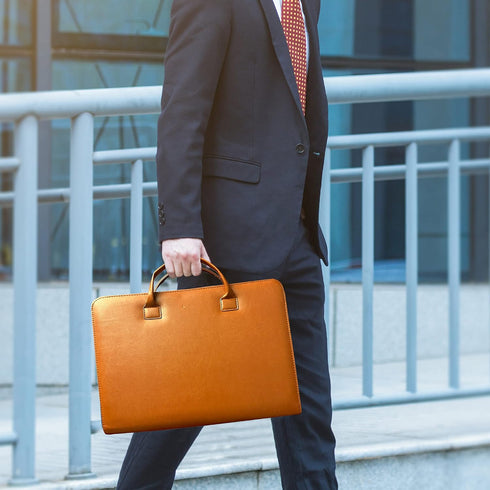 FUNTACY Premium Leather Portfolio with Handles, Slim Padfolio with Multiple Compartments for Documents, iPad, Notebook