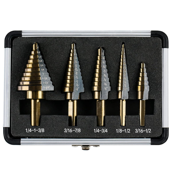 Step Drill Bits, 5PCS HSS Titanium Step Drill Bit Set, 50 Sizes High Speed Steel Bits with Aluminum Case