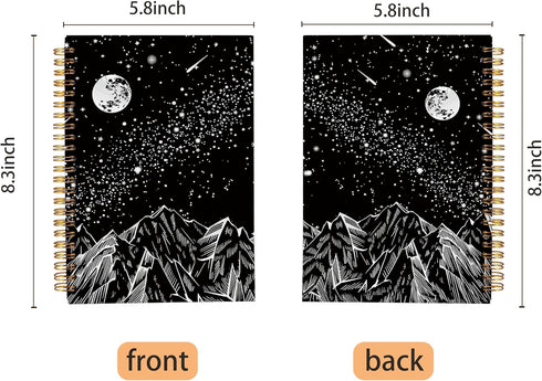 Mountains Moon Celestial Starry Night Notebook, Boho Dark Aesthetic Journal, Black and White Spiral Notebook 5.5x8.3