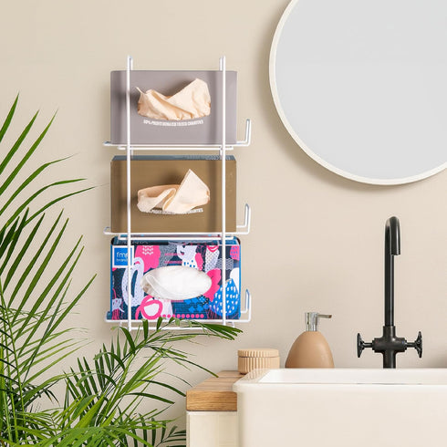 FMP Brands Triple Glove Holder for Wall Mount, Wire Rack Disposable Napkin Gloves Box Holder, White Durable Metal