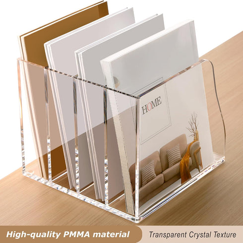 SANRUI Acrylic Desk File Organizer, 4 Vertical Compartments Clear Magazine Holder for Office Accessories Organization