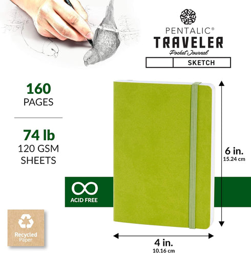 Pentalic Pocket Sketchbook, 4" x 6", 160 Pages, Olive Green Traveler Journal