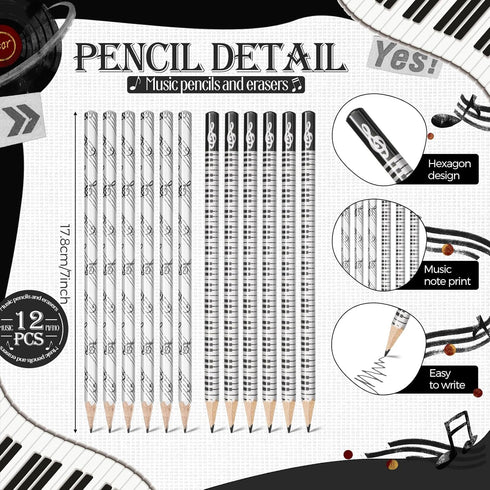 Music Pencils Music Note Pencil with Music Themed Erasers Wood Pencils Bulk Keyboard Fun Pencils Erasers Gift for Piano Students Kids Teachers Party Favors Classroom Supplies (24 Pcs) by Chivertion