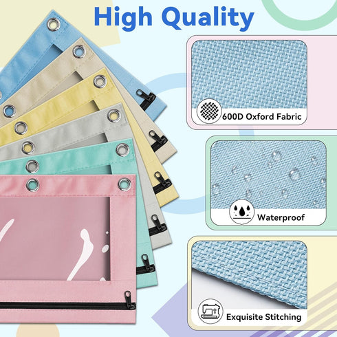 V-Opitos 6 Pack Pencil Pouch for 3 Ring Binder, Pastel Colors Zipper Pouches with Clear Window, Durable Cloth Pencil