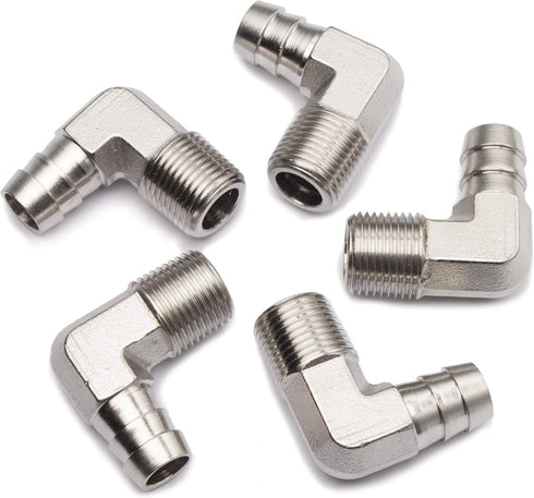 LTWFITTING 90 Degree Elbow Stainless Steel 316 Barb Fitting, 1/2" ID Hose x 3/8" Male NPT (Pack of 5)