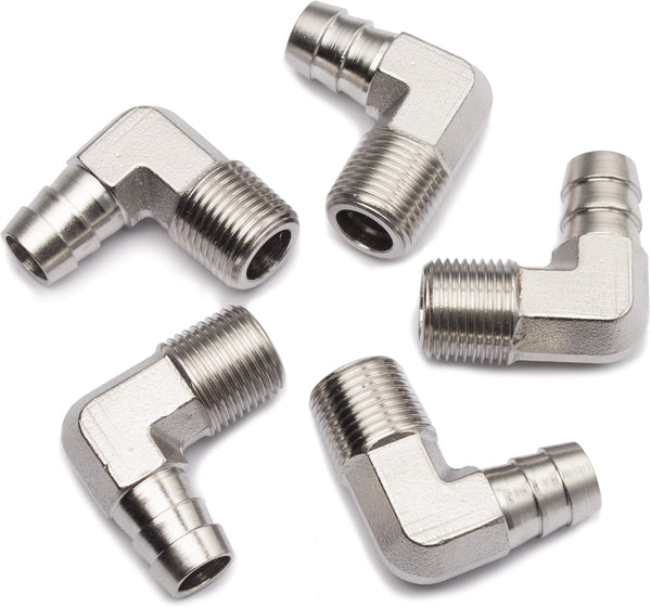 LTWFITTING 90 Degree Elbow Stainless Steel 316 Barb Fitting, 1/2" ID Hose x 3/8" Male NPT (Pack of 5)