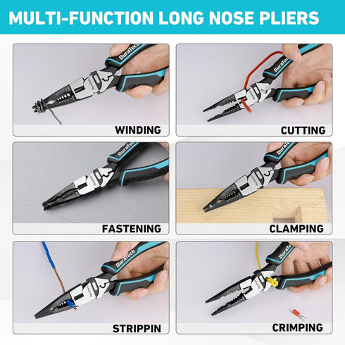 DURATECH 6-in-1 Needle Nose Pliers, 8.5" Multipurpose Long Nose Pliers with Wire Stripper and Cutter Function