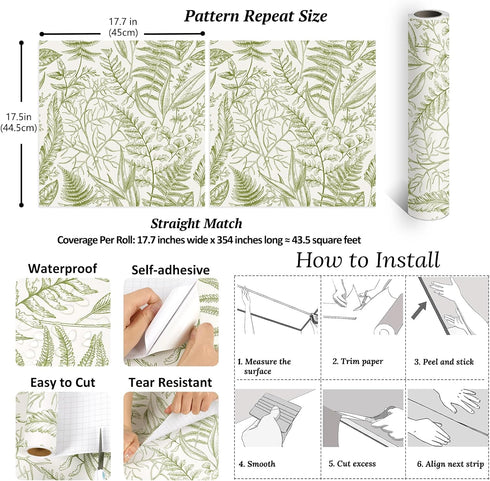 17.7''x354'' VEELIKE Vintage Green Fern Peel and Stick Wallpaper Tropical Herbs Leaf Wallpaper for Bedroom Powder Room