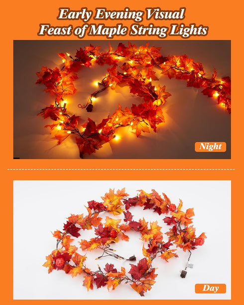 11FT 50 Bulbs VCOKEN Fall Garland With Lights - Connectable Maple Leaves With Pumpkin, Plug-in Decor for Outdoor Indoor