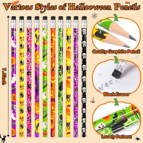 HINZER 100PCS Halloween Pencils Assorted Pattern Pens with Eraser for Halloween Party Favors Gifts Trick or Treat