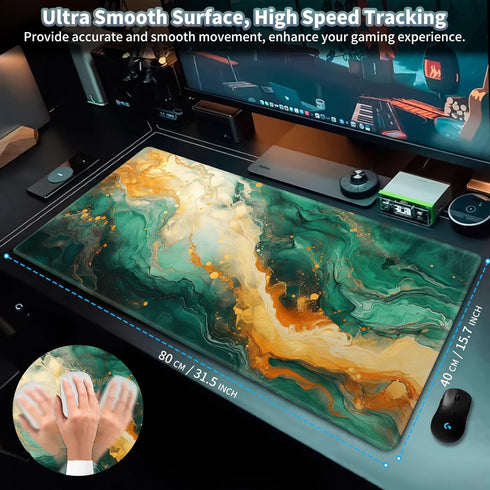 Gaming Mouse Pad, EDGFRTOIO Keyboard Mouse Pad 31.5x15.7 inch XXL Large Computer Laptop Cool Desk Mat with Non-Slip Rubber Base and Stitched Edge for Home Office Work, Green Orange Marble by EDGFRTOIO
