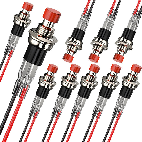 Momentary Push Button Switch, 10pcs Mini SPST Pushbutton Switches with Red Cap, 1A 250VAC Wire Normally Open(NO)