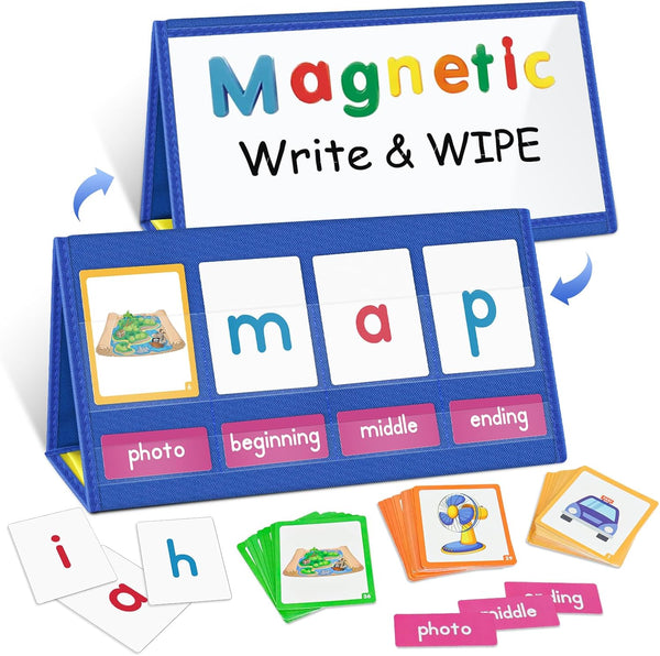 EAMAY CVC Word Building Desktop Pocket Chart Stand with Magnetic Write & Wipe Boards for Kids