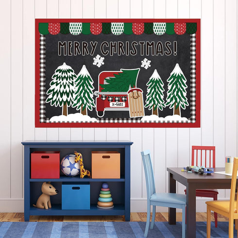 Whaline 139Pcs Christmas Classroom Bulletin Board Decoration Kit, Xmas Tree Red Truck Cutouts with Glue Point Stickers